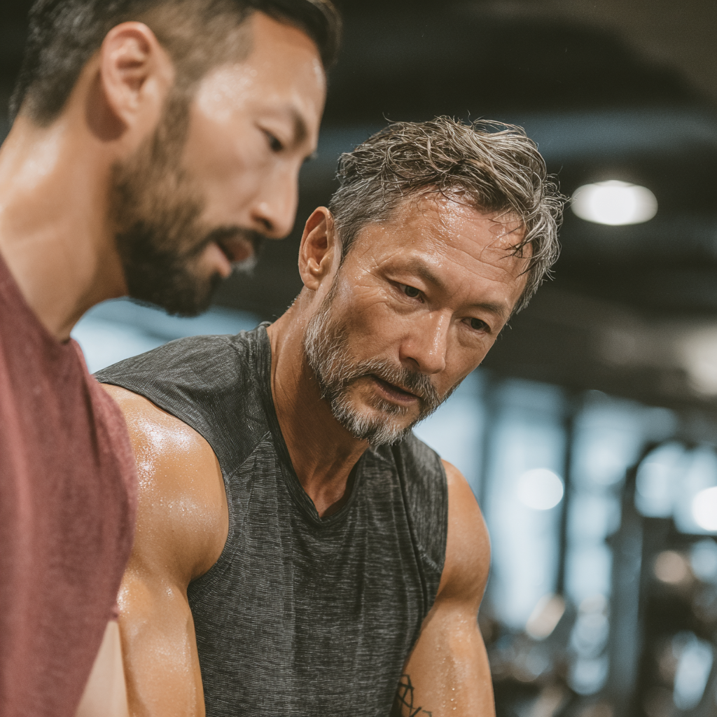 Тренер віком 50 років демонструє правильну техніку виконання вправ новому клієнту у сучасному фітнес-залі
