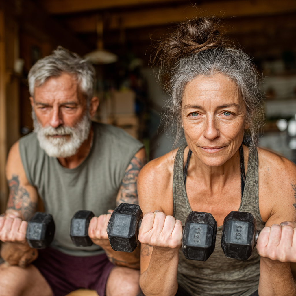 Чоловік та жінка віком 55 років виконують силові вправи з гантелями в затишному домашньому спортзалі