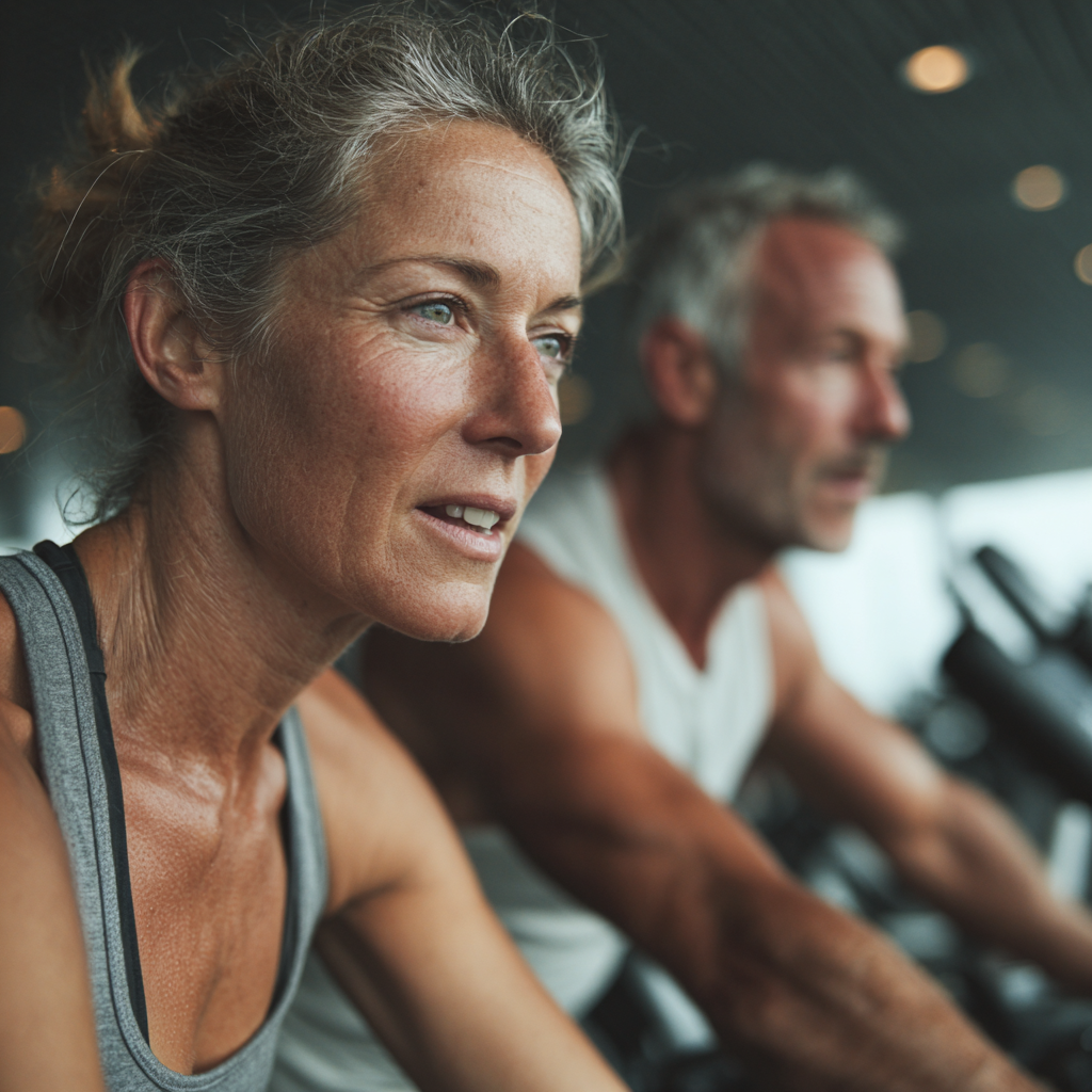 Активна пара віком 60 років займається кардіо тренуванням на велотренажері та біговій доріжці
