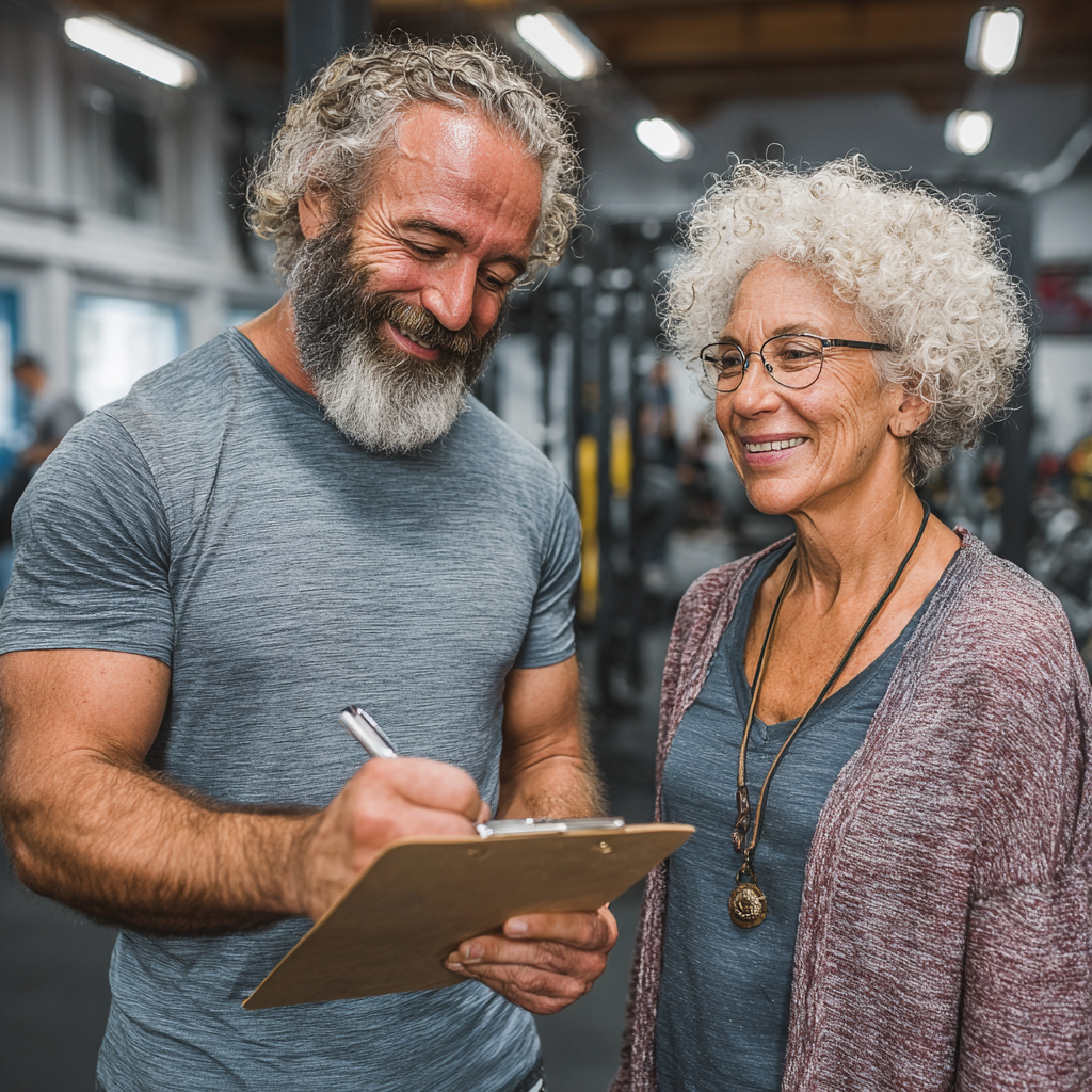 Дружній тренер віком 55 років консультує клієнта щодо персональної програми тренувань у професійному фітнес-центрі